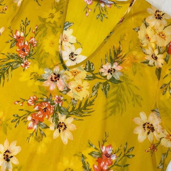 Zara Boho Blouse Oversized Floral Sheer Chiffon Yellow Top V-neck - Picture 7 of 10